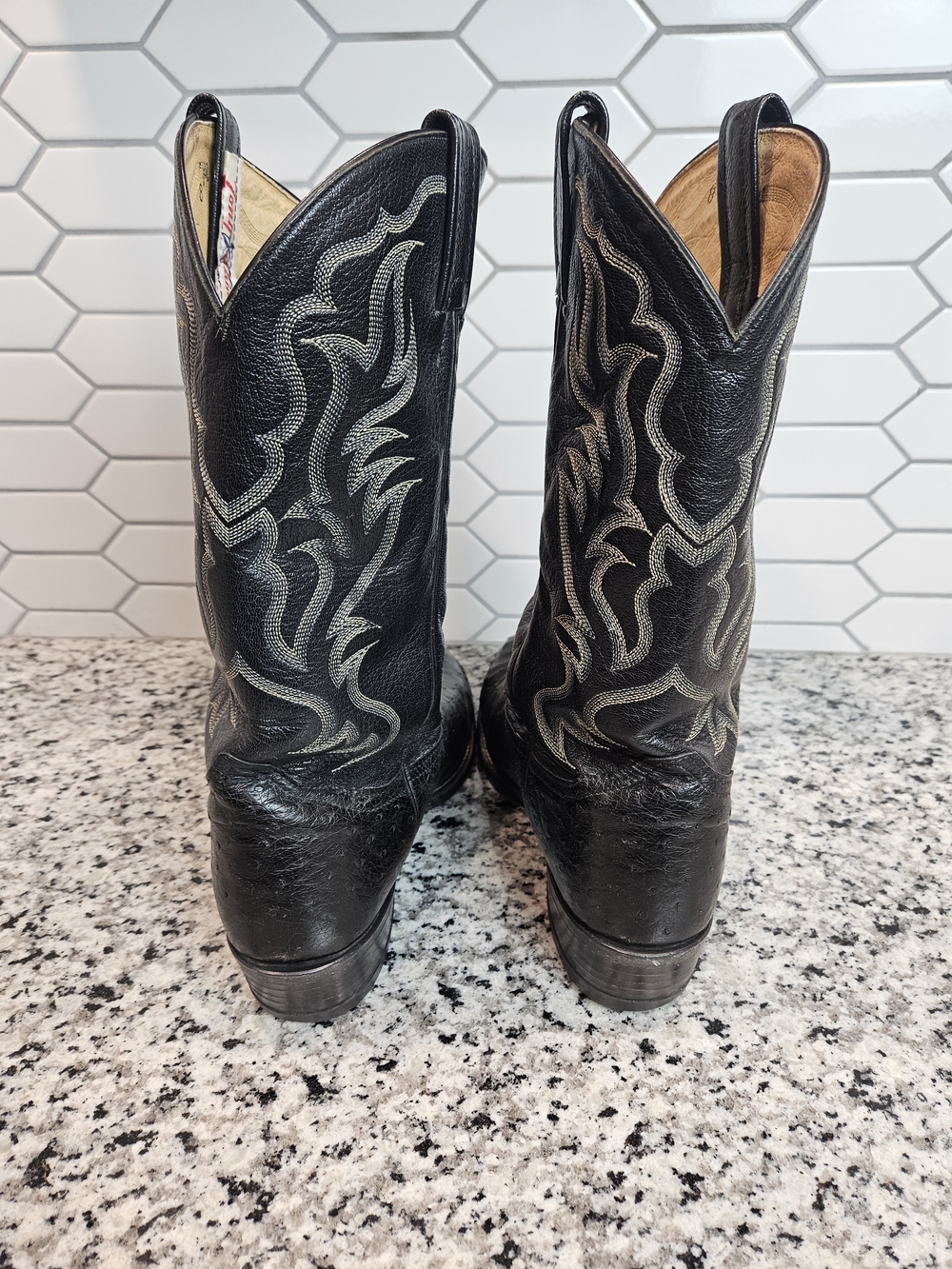 Tony Lama Black Ostrich Cowboy Boots with Embroidered Shaft - Picture 4 of 11